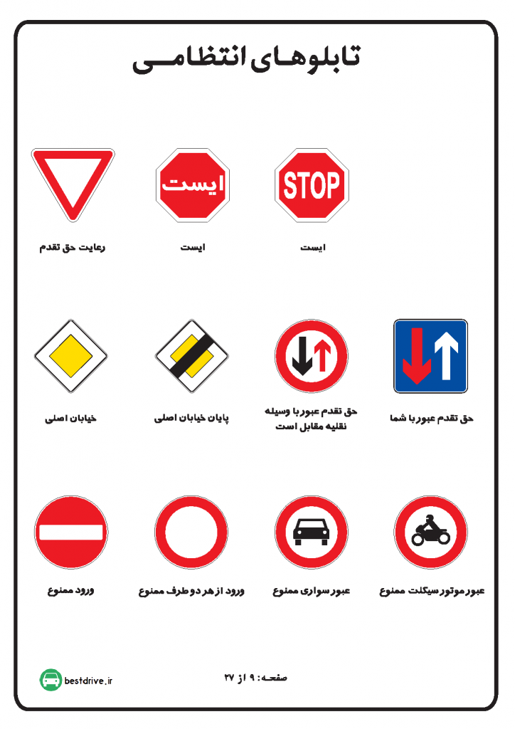 آموزش تابلو ها و علائم رانندگی برای آزمون آیین نامه به همراه فایل PDF بست درایو آموزش تابلو ها و علائم رانندگی برای آزمون آیین نامه به همراه فایل PDF بست درایو
